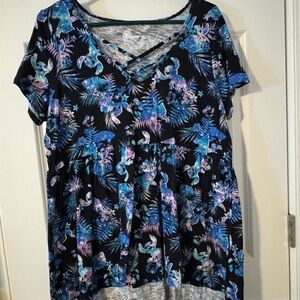 Disney Women's Floral V-Neck Top - Black and Blue